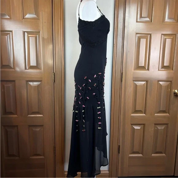 Vintage 90s Y2K 100% Silk Beaded Dress Rose Vintage Beaded Dress Silk Slip Dress - Picture 6 of 7